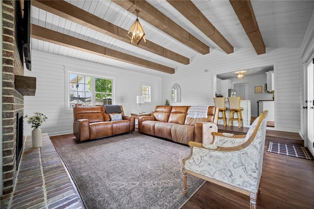 108 Heather Dr, Center Twp Bea, PA 15061 - living area with dark wood-type flooring, a brick fireplace, beam ceiling, and wood walls