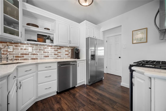 108 Heather Dr, Center Twp Bea, PA 15061 - kitchen featuring stainless steel appliances, white cabinetry, light countertops, and dark wood-style floors