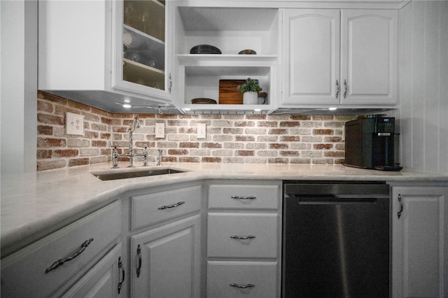 108 Heather Dr, Center Twp Bea, PA 15061 - kitchen with dishwashing machine, open shelves, white cabinets, tasteful backsplash, and light countertops