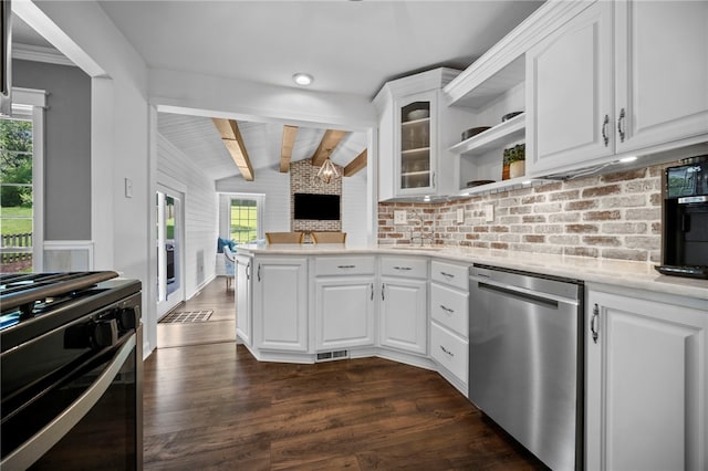 108 Heather Dr, Center Twp Bea, PA 15061 - kitchen with stainless steel dishwasher, black gas range oven, open shelves, dark wood-style floors, and white cabinetry