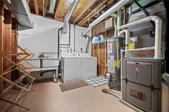 108 Heather Dr, Center Twp Bea, PA 15061 - unfinished basement featuring water heater, washing machine and clothes dryer, heating unit, and concrete block wall