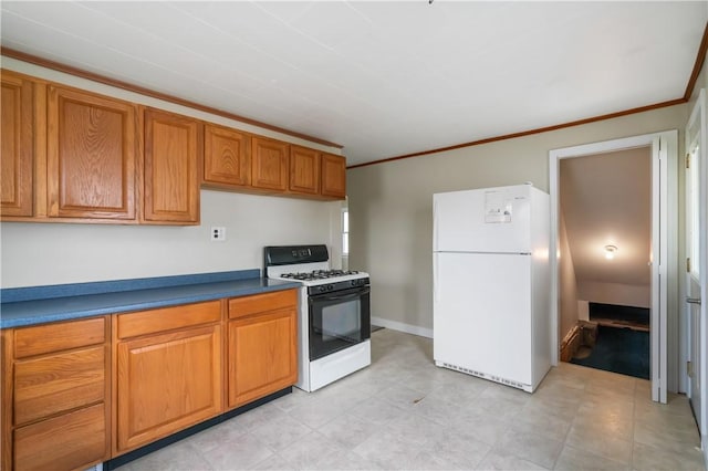 1029 Nimick Ave, Monaca, PA 15061 - kitchen with white appliances, ornamental molding, brown cabinetry, and dark countertops