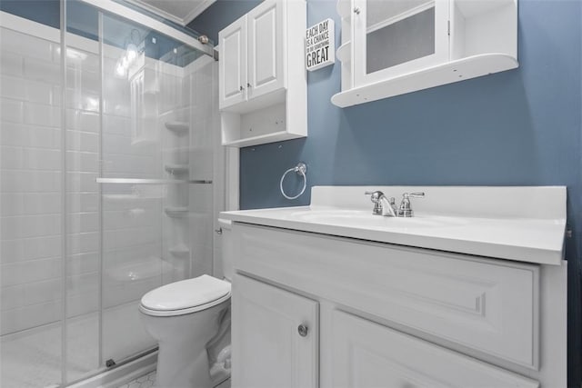 6108 Sanlin Dr, Moon/Crescent Twp, PA 15108 - bathroom with vanity, a stall shower, and ornamental molding