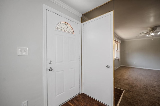 11256 Azalea Dr, Penn Hills, PA 15235 - foyer featuring ornamental molding, a ceiling fan, and dark carpet