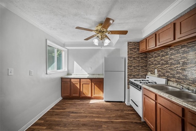 11256 Azalea Dr, Penn Hills, PA 15235 - kitchen featuring white appliances, a textured ceiling, ceiling fan, brown cabinets, and dark wood-type flooring