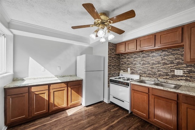 11256 Azalea Dr, Penn Hills, PA 15235 - kitchen featuring white appliances, ornamental molding, tasteful backsplash, dark wood-type flooring, and a textured ceiling