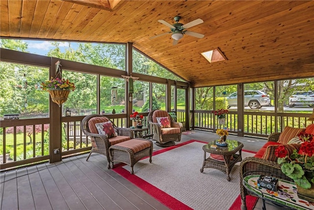 859 Boulder Dr, Bethel Park, PA 15102 - sunroom featuring ceiling fan, a skylight, healthy amount of natural light, and lofted ceiling
