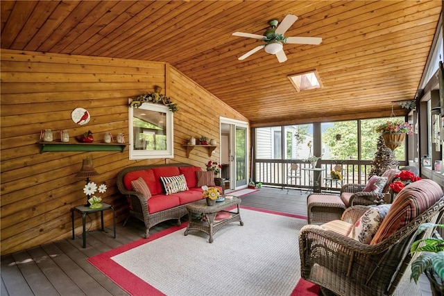 859 Boulder Dr, Bethel Park, PA 15102 - living room with vaulted ceiling, wooden ceiling, hardwood / wood-style flooring, ceiling fan, and wooden walls