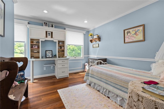 859 Boulder Dr, Bethel Park, PA 15102 - bedroom featuring ornamental molding, dark wood finished floors, recessed lighting, and built in study area
