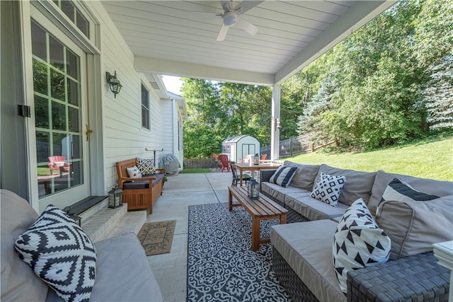 503 Sharon Rd, Moon/Crescent Twp, PA 15108 - fenced backyard featuring a storage shed, outdoor lounge area, a patio, and ceiling fan