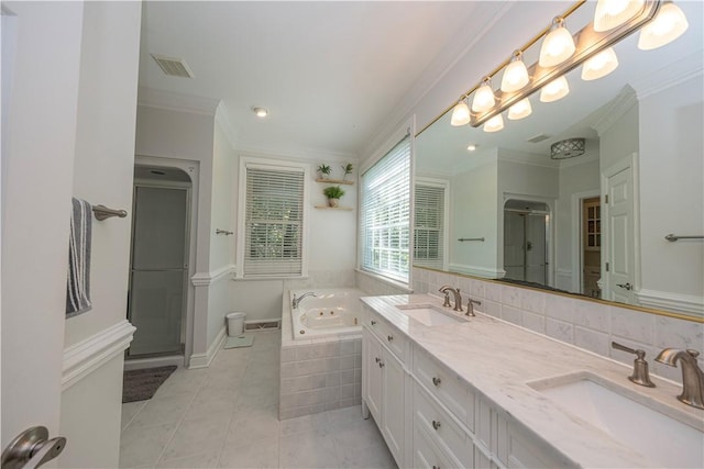 503 Sharon Rd, Moon/Crescent Twp, PA 15108 - full bath with a shower stall, a jetted tub, crown molding, tile patterned flooring, and double vanity