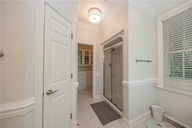503 Sharon Rd, Moon/Crescent Twp, PA 15108 - full bath featuring a shower stall, tile patterned floors, and ornamental molding