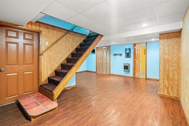 541 Duff Rd, Ohio Twp, PA 15143 - staircase featuring heating unit, wood finished floors, and wood walls
