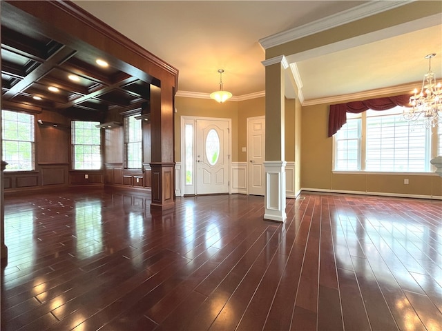261 Patriot Ln, Economy, PA 15042 - foyer entrance with ornate columns, a decorative wall, dark wood-style floors, beamed ceiling, and ornamental molding