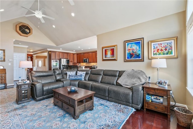 261 Patriot Ln, Economy, PA 15042 - living area featuring recessed lighting, high vaulted ceiling, a ceiling fan, and wood finished floors
