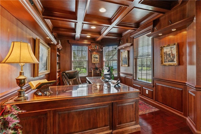 261 Patriot Ln, Economy, PA 15042 - office space featuring a wooden ceiling with exposed beams, wooden walls, recessed lighting, and coffered ceiling
