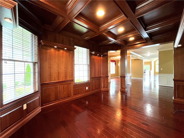261 Patriot Ln, Economy, PA 15042 - empty room featuring decorative columns, ornamental molding, dark wood finished floors, a decorative wall, and coffered ceiling