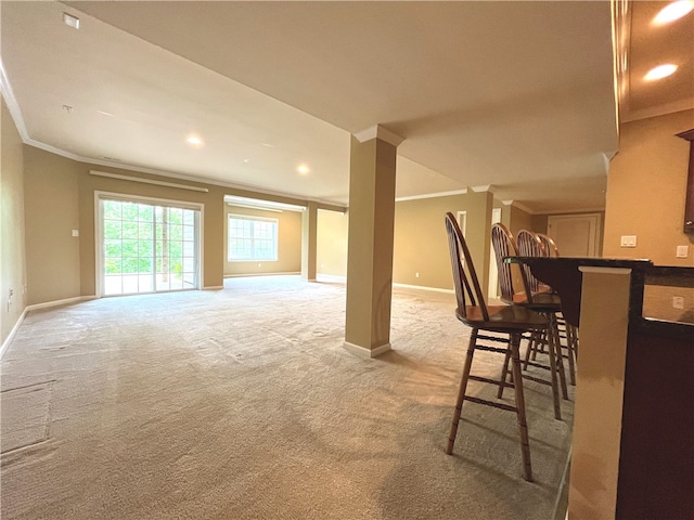 261 Patriot Ln, Economy, PA 15042 - kitchen featuring ornamental molding, carpet floors, recessed lighting, and open floor plan
