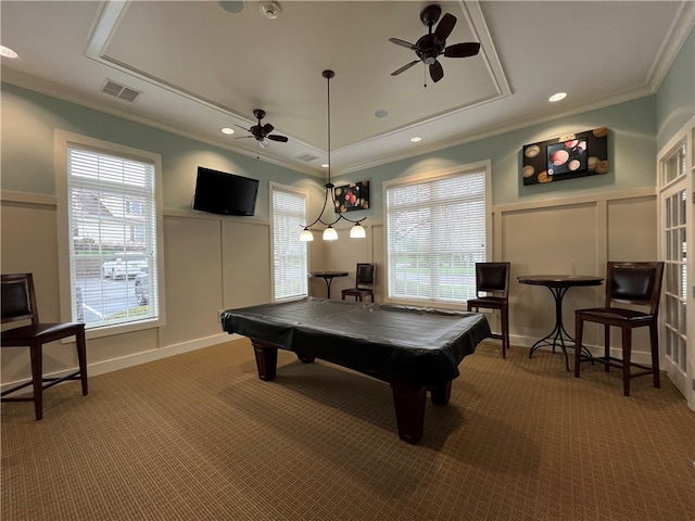 261 Patriot Ln, Economy, PA 15042 - playroom featuring carpet flooring, a ceiling fan, crown molding, a raised ceiling, and billiards