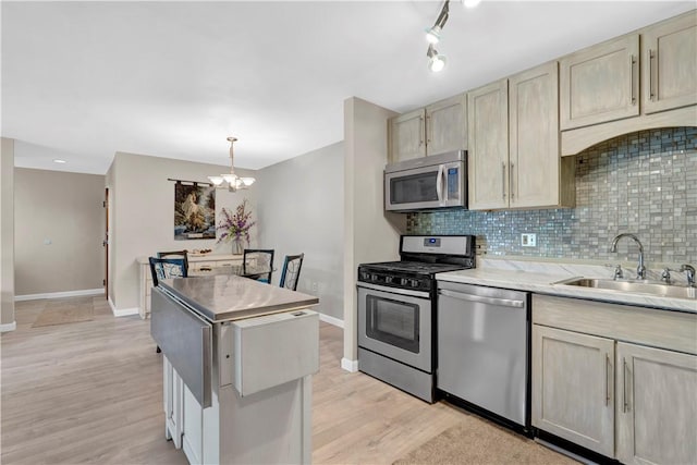 1410 Kenzie Dr, Robinson Twp, PA 15205 - kitchen with stainless steel appliances, a chandelier, a center island, backsplash, and light wood-style floors