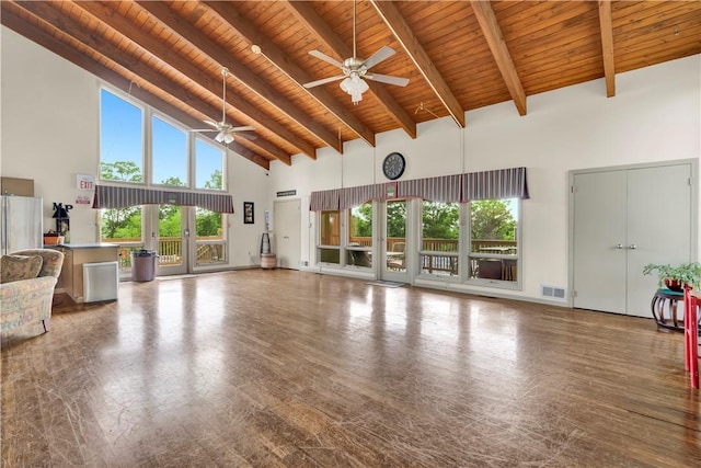 1410 Kenzie Dr, Robinson Twp, PA 15205 - unfurnished living room with high vaulted ceiling, a wood ceiling with exposed beams, a ceiling fan, and wood finished floors