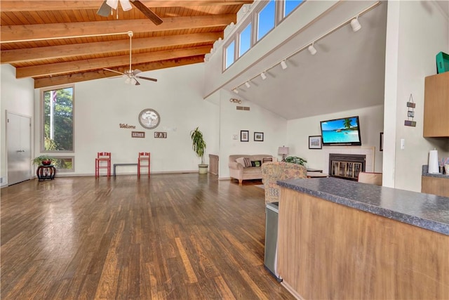 1410 Kenzie Dr, Robinson Twp, PA 15205 - kitchen with rail lighting, open floor plan, ceiling fan, dark wood finished floors, and a wooden ceiling with exposed beams