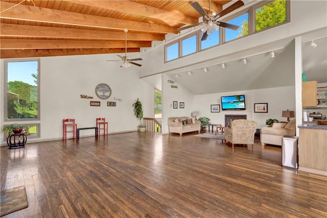 1410 Kenzie Dr, Robinson Twp, PA 15205 - living room with ceiling fan, a wood ceiling with exposed beams, hardwood / wood-style flooring, rail lighting, and high vaulted ceiling