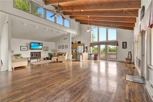 1410 Kenzie Dr, Robinson Twp, PA 15205 - living area featuring ceiling fan, track lighting, high vaulted ceiling, wood finished floors, and a wood ceiling with exposed beams
