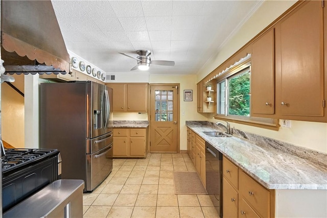 8017 Edwood Rd, Mccandless, PA 15237 - kitchen featuring stainless steel appliances, light tile patterned floors, ceiling fan, crown molding, and light stone counters