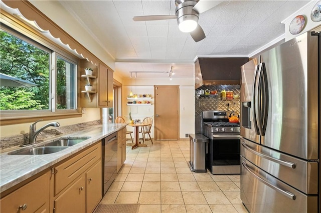 8017 Edwood Rd, Mccandless, PA 15237 - kitchen featuring stainless steel appliances, light tile patterned flooring, a ceiling fan, open shelves, and decorative backsplash