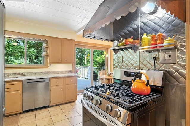 8017 Edwood Rd, Mccandless, PA 15237 - kitchen with appliances with stainless steel finishes, open shelves, light tile patterned floors, light stone countertops, and ornamental molding