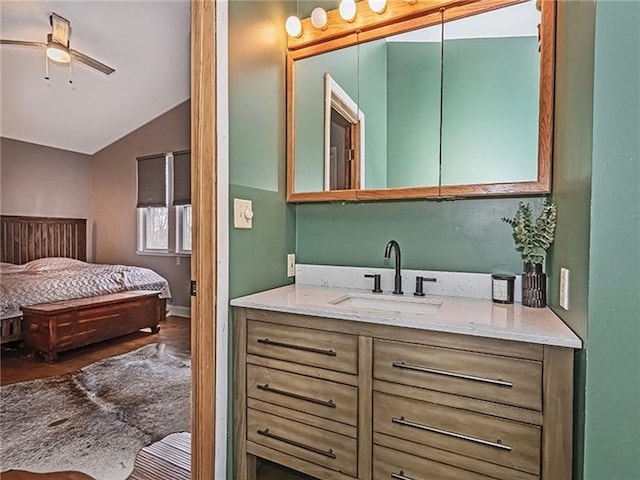 670 Sugar Camp Rd, Finleyville, PA 15332 - ensuite bathroom featuring vaulted ceiling, vanity, and ceiling fan