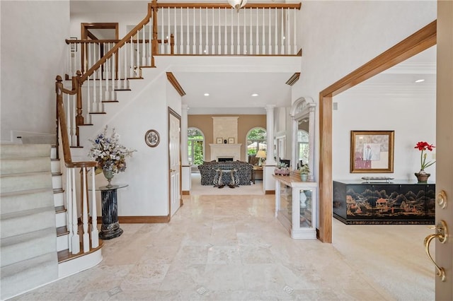 532 Salem Heights Dr, Pine Twp Nal, PA 15044 - foyer entrance with a towering ceiling, stairway, a fireplace, and recessed lighting