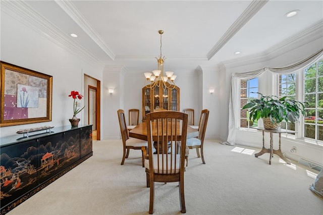 532 Salem Heights Dr, Pine Twp Nal, PA 15044 - dining area featuring a chandelier, light carpet, ornamental molding, a tray ceiling, and recessed lighting