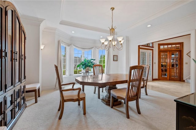 532 Salem Heights Dr, Pine Twp Nal, PA 15044 - dining area with ornamental molding, a chandelier, light colored carpet, french doors, and a raised ceiling
