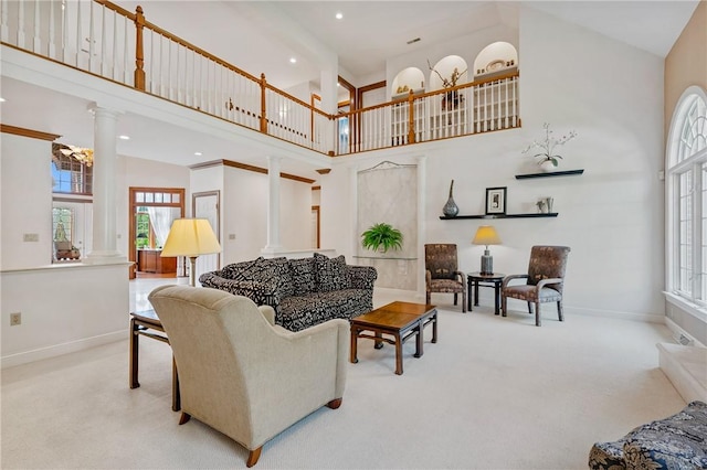 532 Salem Heights Dr, Pine Twp Nal, PA 15044 - living room with ornate columns, carpet flooring, a high ceiling, and recessed lighting