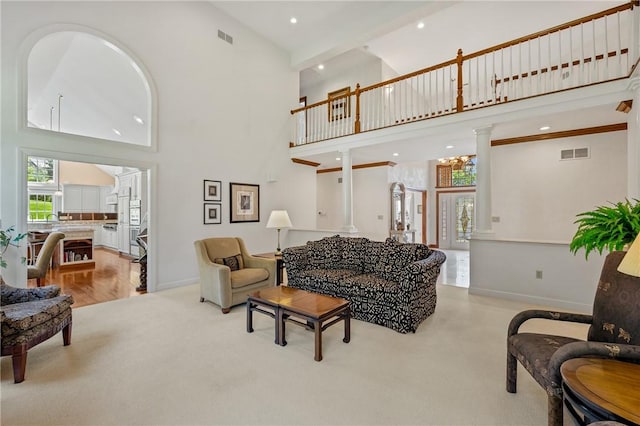 532 Salem Heights Dr, Pine Twp Nal, PA 15044 - living area featuring high vaulted ceiling and ornate columns
