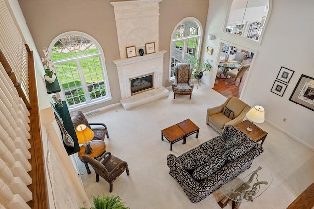 532 Salem Heights Dr, Pine Twp Nal, PA 15044 - carpeted living room with a high ceiling, healthy amount of natural light, and a high end fireplace