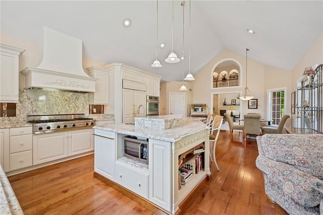 532 Salem Heights Dr, Pine Twp Nal, PA 15044 - kitchen featuring custom exhaust hood, appliances with stainless steel finishes, open shelves, high vaulted ceiling, and light stone counters