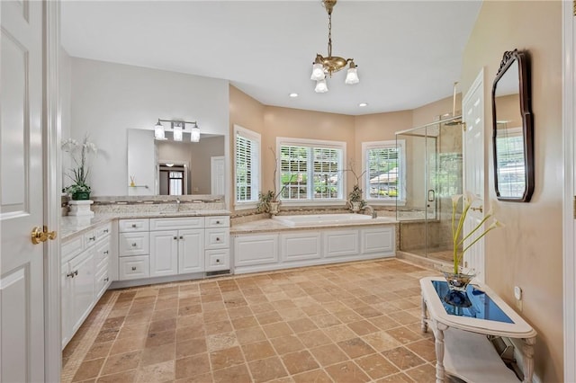 532 Salem Heights Dr, Pine Twp Nal, PA 15044 - bathroom featuring a garden tub, a shower stall, vanity, recessed lighting, and a chandelier