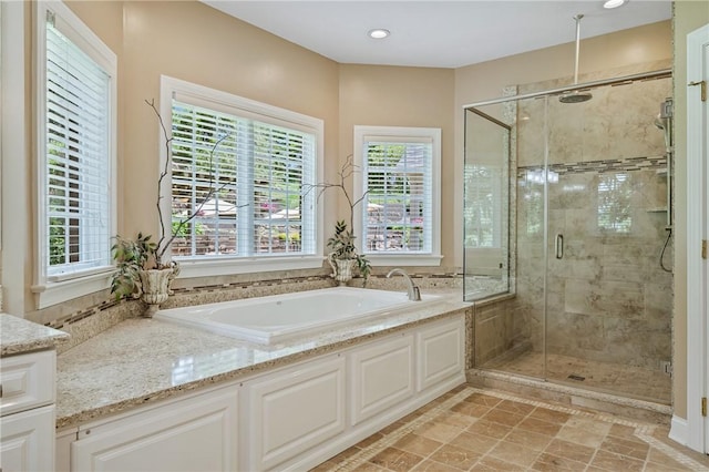 532 Salem Heights Dr, Pine Twp Nal, PA 15044 - bathroom with a bath, a stall shower, and recessed lighting