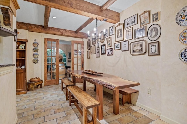 532 Salem Heights Dr, Pine Twp Nal, PA 15044 - dining space with french doors, beam ceiling, a chandelier, and light tile patterned floors