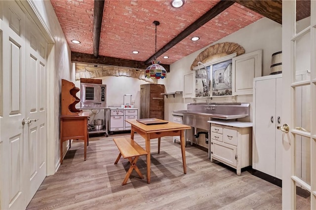 532 Salem Heights Dr, Pine Twp Nal, PA 15044 - kitchen featuring brick ceiling, light wood-style floors, white cabinets, beam ceiling, and recessed lighting