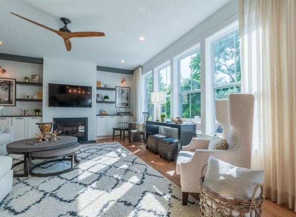 421 Johnston Rd, Saint Clair, PA 15241 - living room featuring ceiling fan, a fireplace, wood finished floors, and recessed lighting