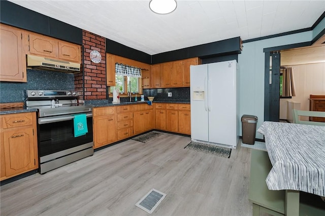 68 Riverside Ave, Center Twp/Homer Cty, PA 15748 - kitchen with stainless steel electric range, white fridge with ice dispenser, under cabinet range hood, light wood finished floors, and dark countertops