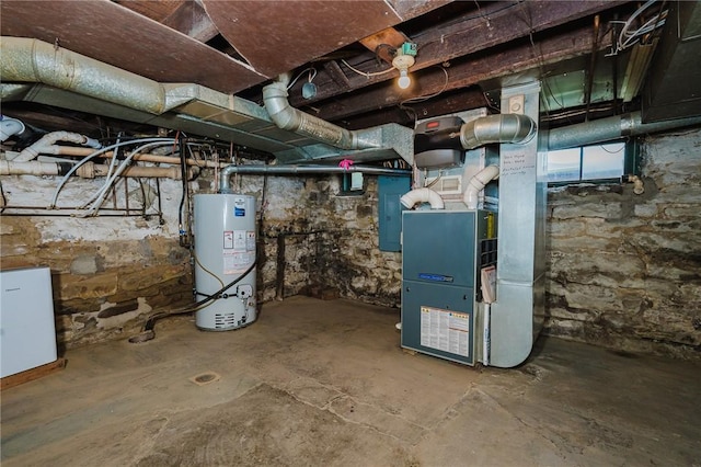 68 Riverside Ave, Center Twp/Homer Cty, PA 15748 - unfinished basement featuring water heater, electric panel, and heating unit