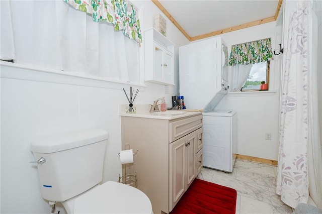 68 Riverside Ave, Center Twp/Homer Cty, PA 15748 - full bathroom featuring marble finish floors, vanity, and stacked washer and clothes dryer