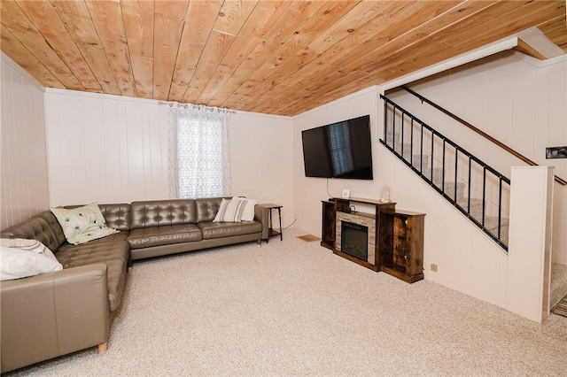 68 Riverside Ave, Center Twp/Homer Cty, PA 15748 - living area with wood ceiling, carpet flooring, and stairs