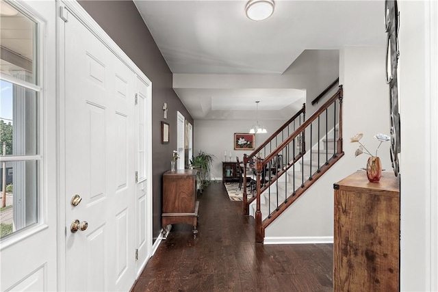 3013 Chessman St, Hampton, PA 15101 - foyer entrance with stairway, wood finished floors, a chandelier, and a raised ceiling