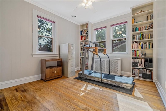 6403 Beacon St, Squirrel Hill, PA 15217 - workout room featuring radiator heating unit, wood finished floors, plenty of natural light, ornamental molding, and a ceiling fan